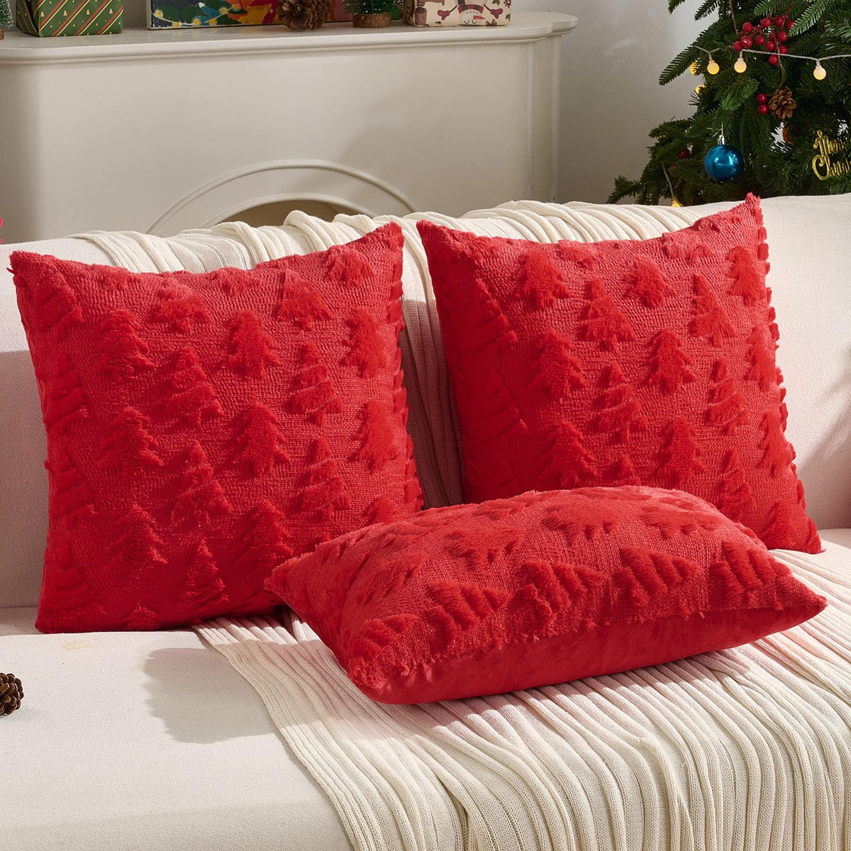 FUTEI Christmas Tree Pillow Covers 18x18 Set of 2, Red Xmas Decorations Soft Fluffy Winter Lumbar Pillow Covers for Couch Sofa Bedroom Holiday Festivals Home Decor