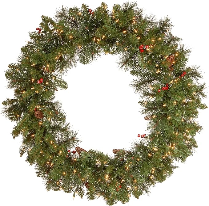 National Tree Company Pre-Lit Artificial Christmas Wreath, Green, Crestwood Spruce, White Lights, Decorated with Pine Cones, Berry Clusters, Frosted Branches, Christmas Collection, 36 Inches