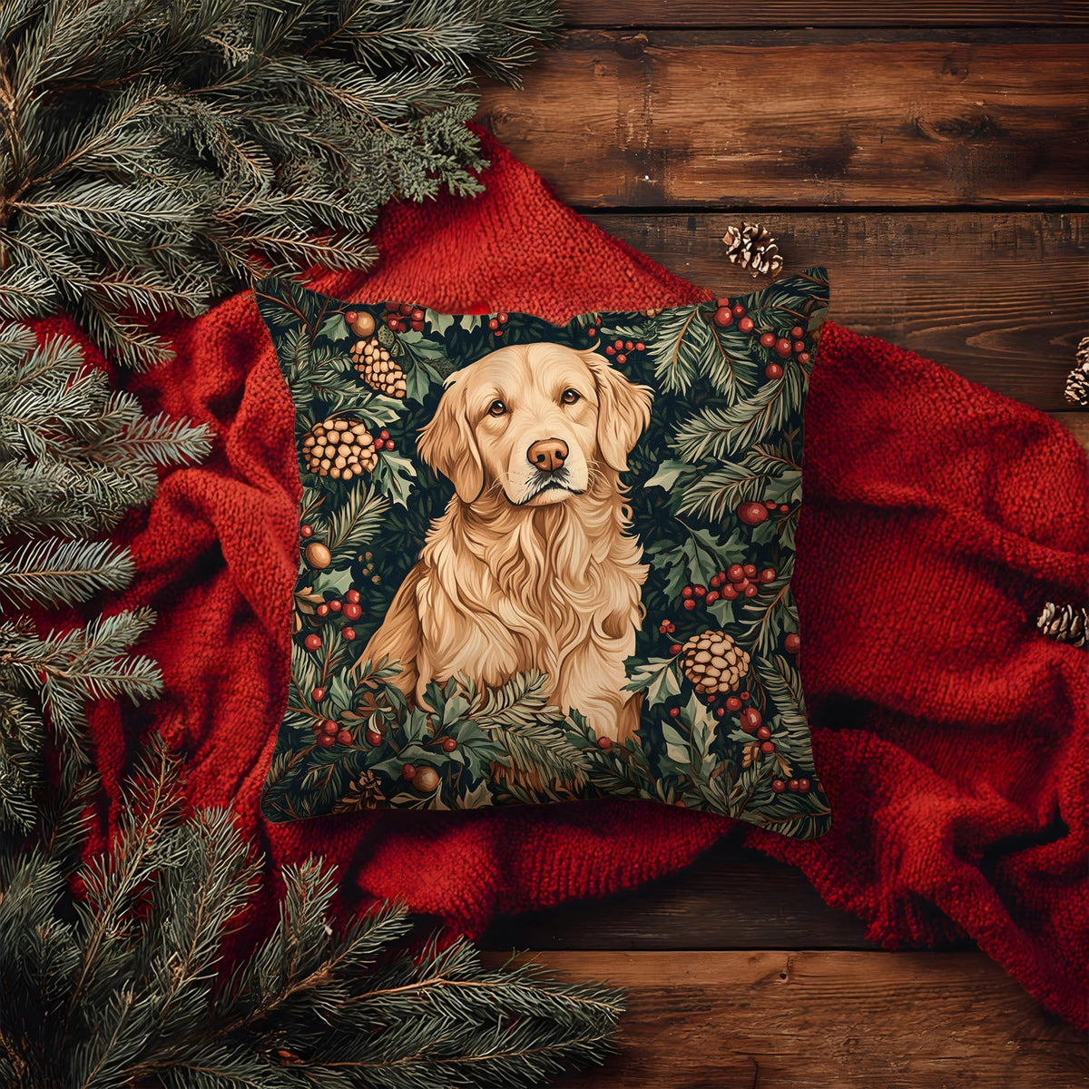 BUJSP Vintage Golden Retriever Christmas Decor Pillow Cover 18x18,Rustic Christmas William Morris Inspired Dog Animal Floral Print Botanical Decorative Throw Pillow Covers for Home Bedroom Living Room