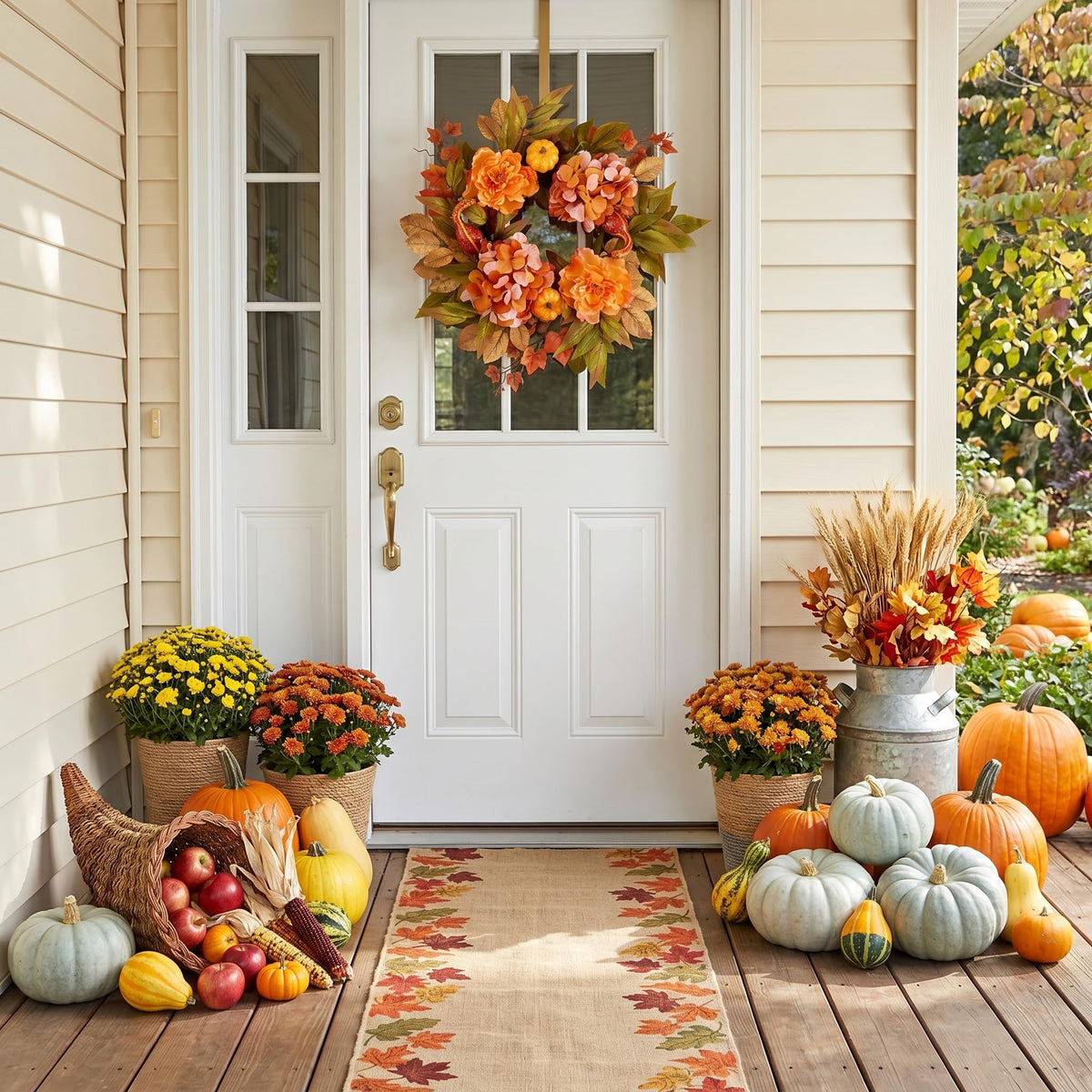 DecorbyHannah Fall Wreath for Front Door, 18 Inch Lighted Autumn Harvest Pumpkin Door Wreath with Lights, Artificial Yellow Peony Hydrangea Maple Leaf Decor for Mantle Porch Wall Home Indoor Outdoor