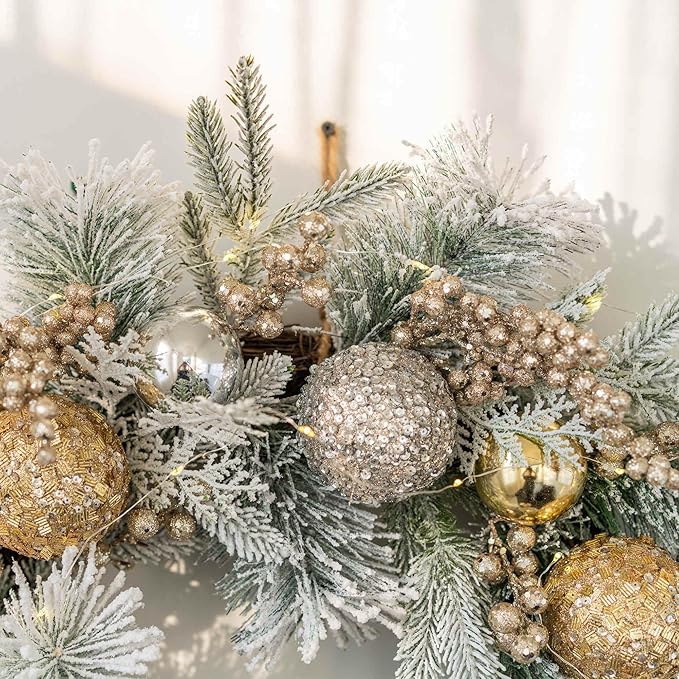 YULETIME 24" Christmas Wreath, Artificial Holiday Wreath with Baubles, Berries, Leaves, Spruce Branches, Snowy Pine Needles (Gold Bauble)