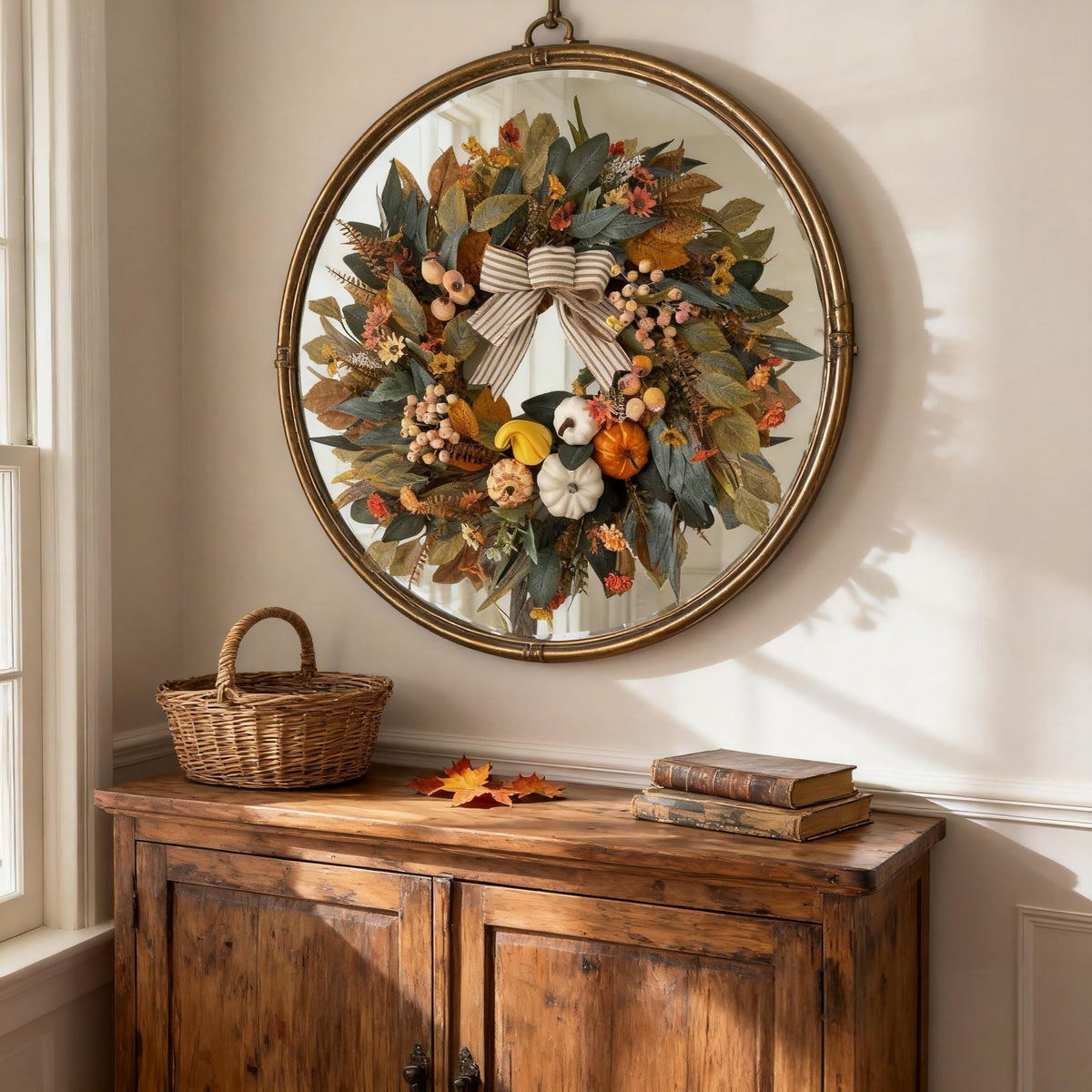 HipTree 24 Inch Fall Wreath for Front Door | Autumn Pumpkin Wreath with Eucalyptus Leaves, Frosted Berries & Striped Bow, Rustic Farmhouse Thanksgiving Decor for Indoor Outdoor Porch Wall Home