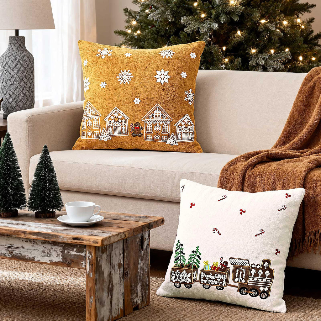 Lanpn 16x16 Christmas Pillow Covers Set of 2, Embroidery Gingerbread Man House Decorative Holiday Pillowcase Pillow Case Cushion 16 x 16 for Indoor Home Bedroom Sofa Couch Xmas Decor