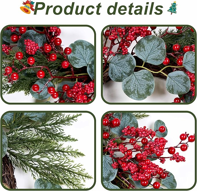 Artificial Christmas Wreath 22inch Christmas Wreaths for Front Door Xmas Red Berry Wreath with Eucalyptus Leaves Pine Needles Red Berries for Wall Farmhouse Window Winter Holidays