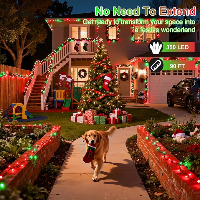 350LED Christmas Lights Indoor Outdoor, 90ft 12 Modes Red & Green LED String Lights with Timer Dimmable, Waterproof Christmas Tree Lights for Xmas Patio Yard Fence Balcony Garden Party Decor Red&Green