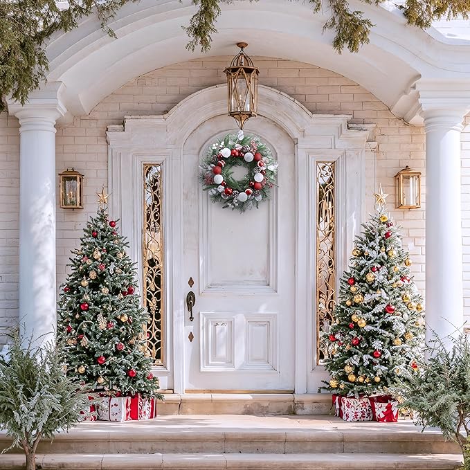 Valery Madelyn 20'' Pre-Lit Christmas Wreath for Front Door with Light, Lighted Christmas Door Wreath with Red White Xmas Ball Norfolk Pine Branches for Home Porch Fireplace Window Holiday Decor