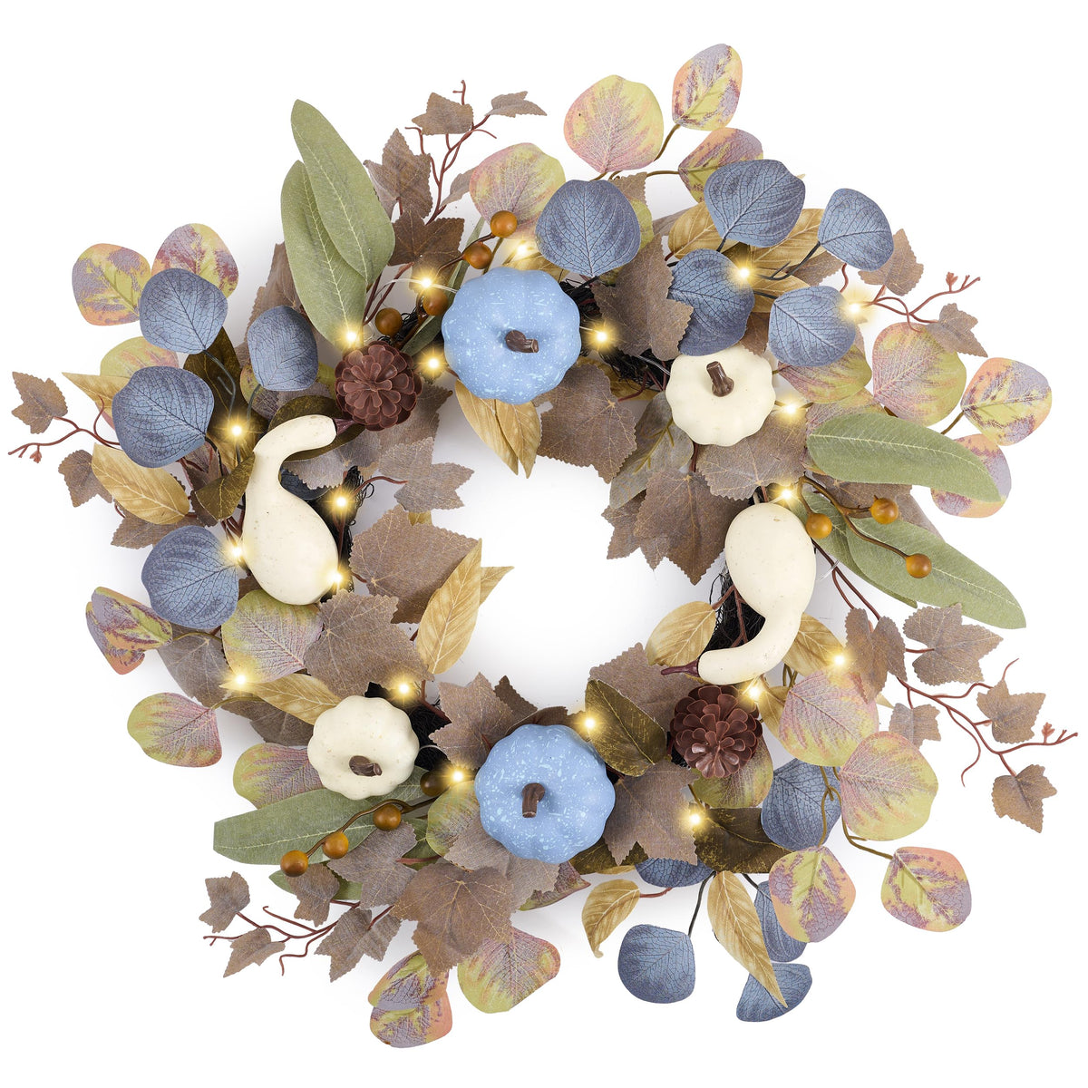 DecorbyHannah Fall Wreath for Front Door, 18 Inch Lighted Autumn Harvest Pumpkin Wreath with Lights, Blue Pumpkin Pinecone Door Decor for Mantle Porch Wall Home Indoor Outdoor