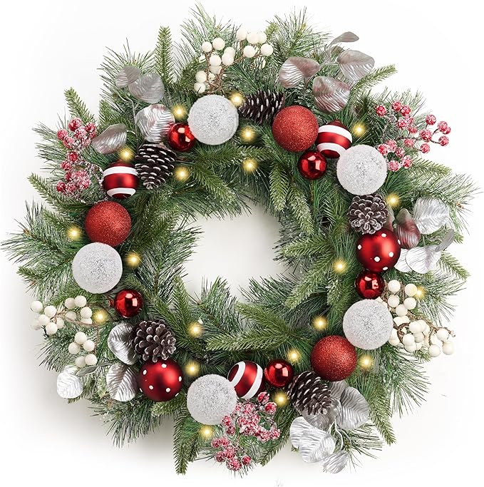Valery Madelyn 24'' Pre-Lit Christmas Wreath for Front Door with Light, Large Lighted Outdoor Christmas Wreath with Red White Xmas Ball Norfolk Pine for Home Porch Fireplace Window Holiday Decor