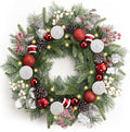 Valery Madelyn 24'' Pre-Lit Christmas Wreath for Front Door with Light, Large Lighted Outdoor Christmas Wreath with Red White Xmas Ball Norfolk Pine for Home Porch Fireplace Window Holiday Decor