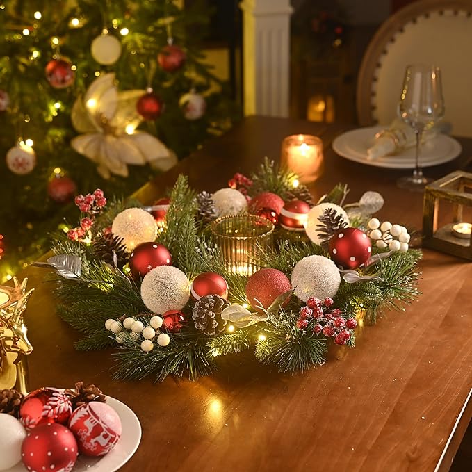 Valery Madelyn 20'' Pre-Lit Christmas Wreath for Front Door with Light, Lighted Christmas Door Wreath with Red White Xmas Ball Norfolk Pine Branches for Home Porch Fireplace Window Holiday Decor