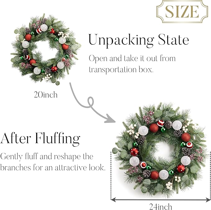 Valery Madelyn 24’ Pre-Lit Christmas Wreath for Front Door with Light, Large Lighted Outdoor Christmas Wreath with Red Green White Xmas Ball Norfolk Pine for Home Porch Fireplace Window Holiday Decor