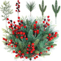 Winlyn 65 Pcs Artificial Pine Branches and Red Berries Stems Christmas Greenery Stems Cedar Picks for Christmas Tree Wreath Winter Wedding Holiday Floral Arrangement Table Centerpiece DIY Crafts