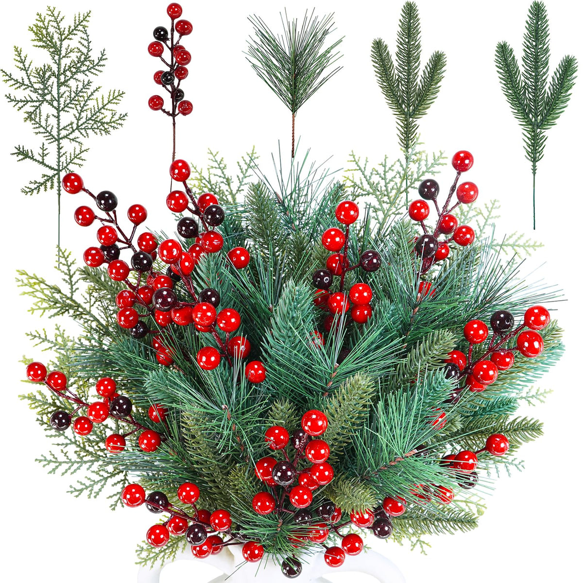 Winlyn 65 Pcs Artificial Pine Branches and Red Berries Stems Christmas Greenery Stems Cedar Picks for Christmas Tree Wreath Winter Wedding Holiday Floral Arrangement Table Centerpiece DIY Crafts