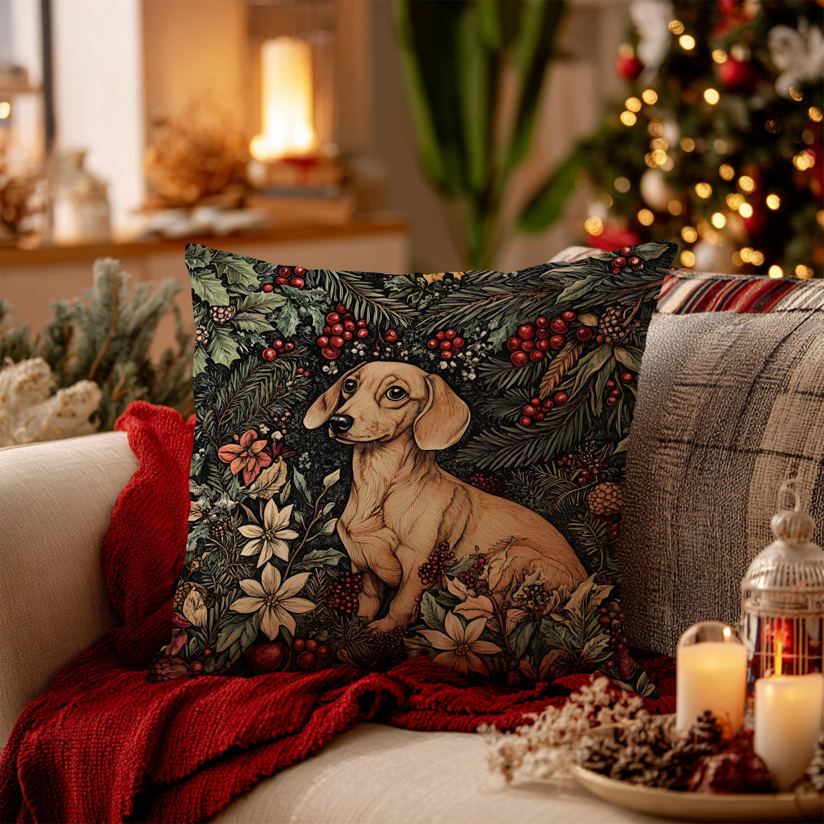 BUJSP Vintage Dachshund Christmas Pillow Cover 18x18,Rustic William Morris Inspired Dachshund Dog Christmas Animal Floral Botanical Print Decorative Throw Pillow Covers for Home Bedroom Living Room