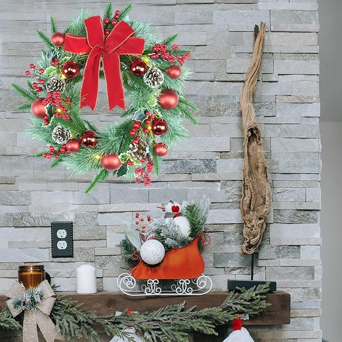 YULETIME 20" Pre-Lit Christmas Wreath, Battery Operated with 10 Fairy Lights Holiday Wreath, Red Bowknot & Baubles, Pine Cones, Red Berries, Green Leaves Holly, Spruce Branches, Pine Needles