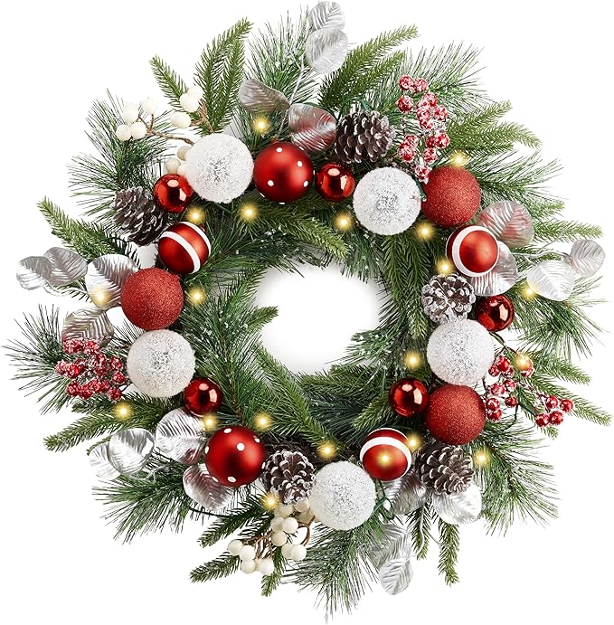 Valery Madelyn 20'' Pre-Lit Christmas Wreath for Front Door with Light, Lighted Christmas Door Wreath with Red White Xmas Ball Norfolk Pine Branches for Home Porch Fireplace Window Holiday Decor