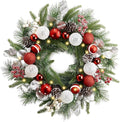 Valery Madelyn 20'' Pre-Lit Christmas Wreath for Front Door with Light, Lighted Christmas Door Wreath with Red White Xmas Ball Norfolk Pine Branches for Home Porch Fireplace Window Holiday Decor