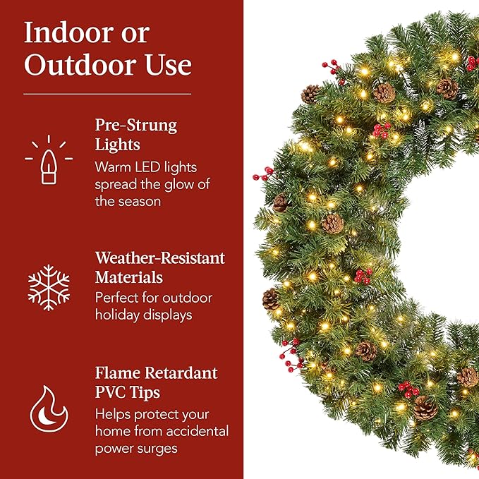 Best Choice Products 48in Pre-Lit Christmas Wreath w/Berries & Pinecones, Large Artificial Indoor/Outdoor Decor for Door, Mantel w/Red Bow, Plug-in