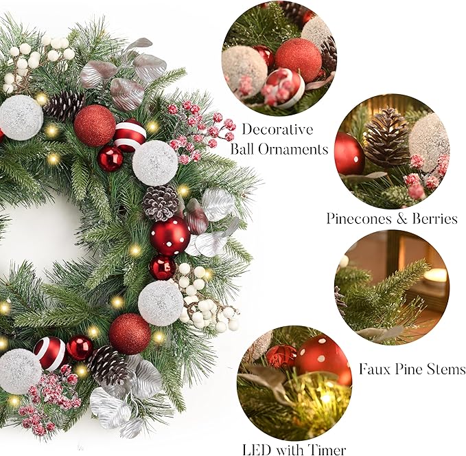 Valery Madelyn 24'' Pre-Lit Christmas Wreath for Front Door with Light, Large Lighted Outdoor Christmas Wreath with Red White Xmas Ball Norfolk Pine for Home Porch Fireplace Window Holiday Decor