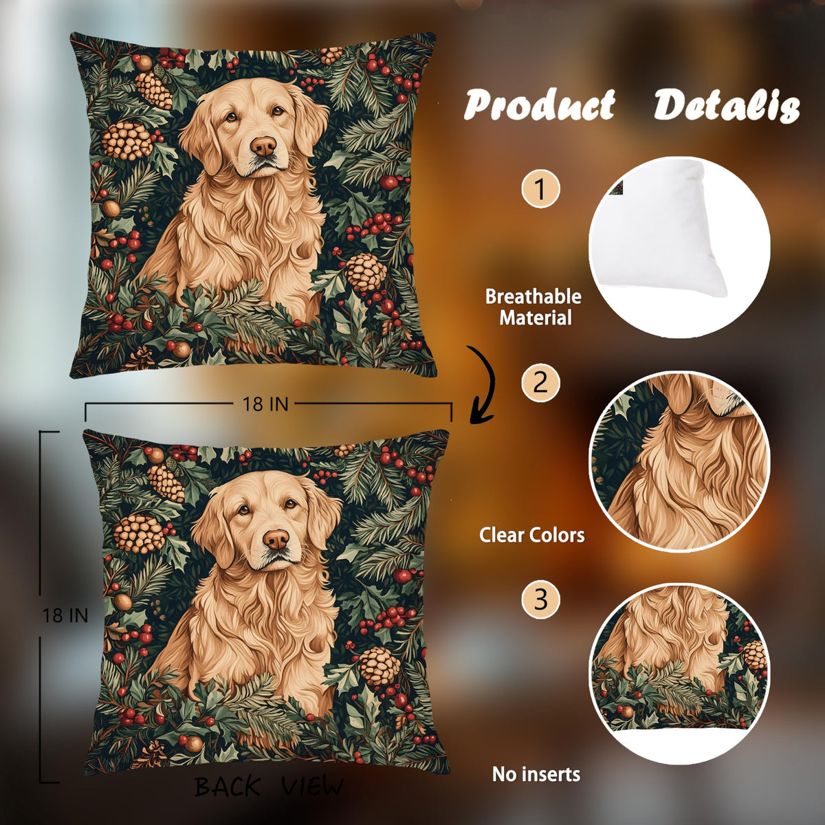 BUJSP Vintage Golden Retriever Christmas Decor Pillow Cover 18x18,Rustic Christmas William Morris Inspired Dog Animal Floral Print Botanical Decorative Throw Pillow Covers for Home Bedroom Living Room