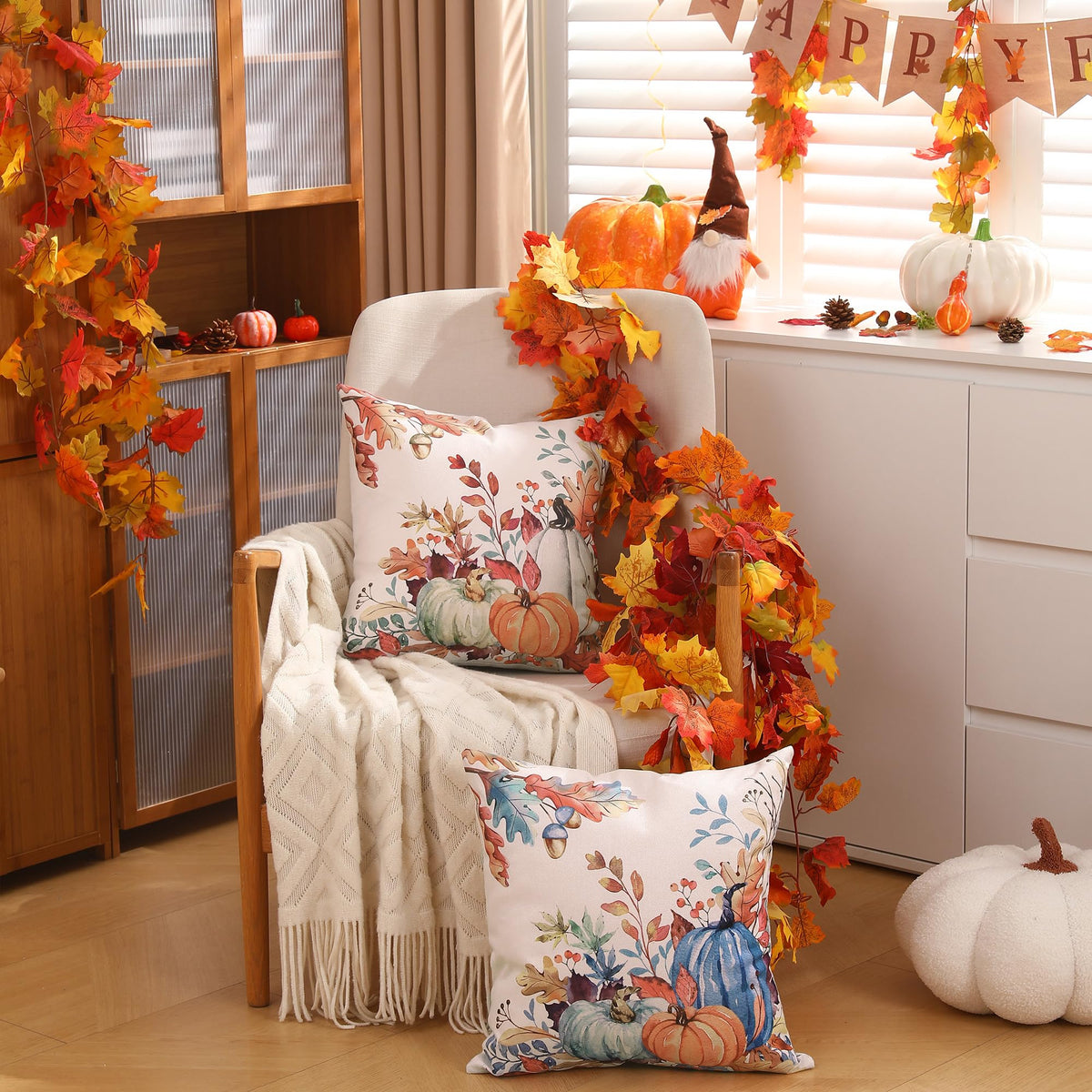 DFXSZ Fall Pillow Covers 18x18 inch Set of 2 Blue and Green Watercolor Pumpkin Fallen Leaves Decorative Throw Pillow Covers Autumn Thanksgiving Farmhouse Decoration for Home Couch TH27-E18
