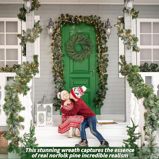 26 inch Norfolk Pine Wreath, Realistic Christmas Wreath for Front Door,Artificial Real Touch Green Wreath Greenery for Door Wall Windows Mantle Outdoor Christmas Decoration