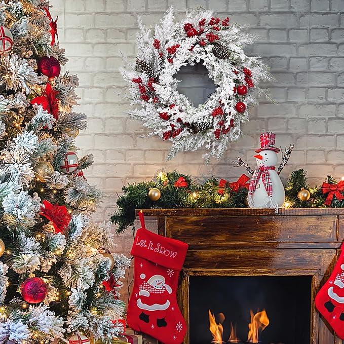Christmas Wreath, 18 Inch Snow Flocked White Winter Wreath with Pine Cones Berries Apples for Front Door Fireplace Table Centerpiece Holiday Home Indoor Outdoor Decoration