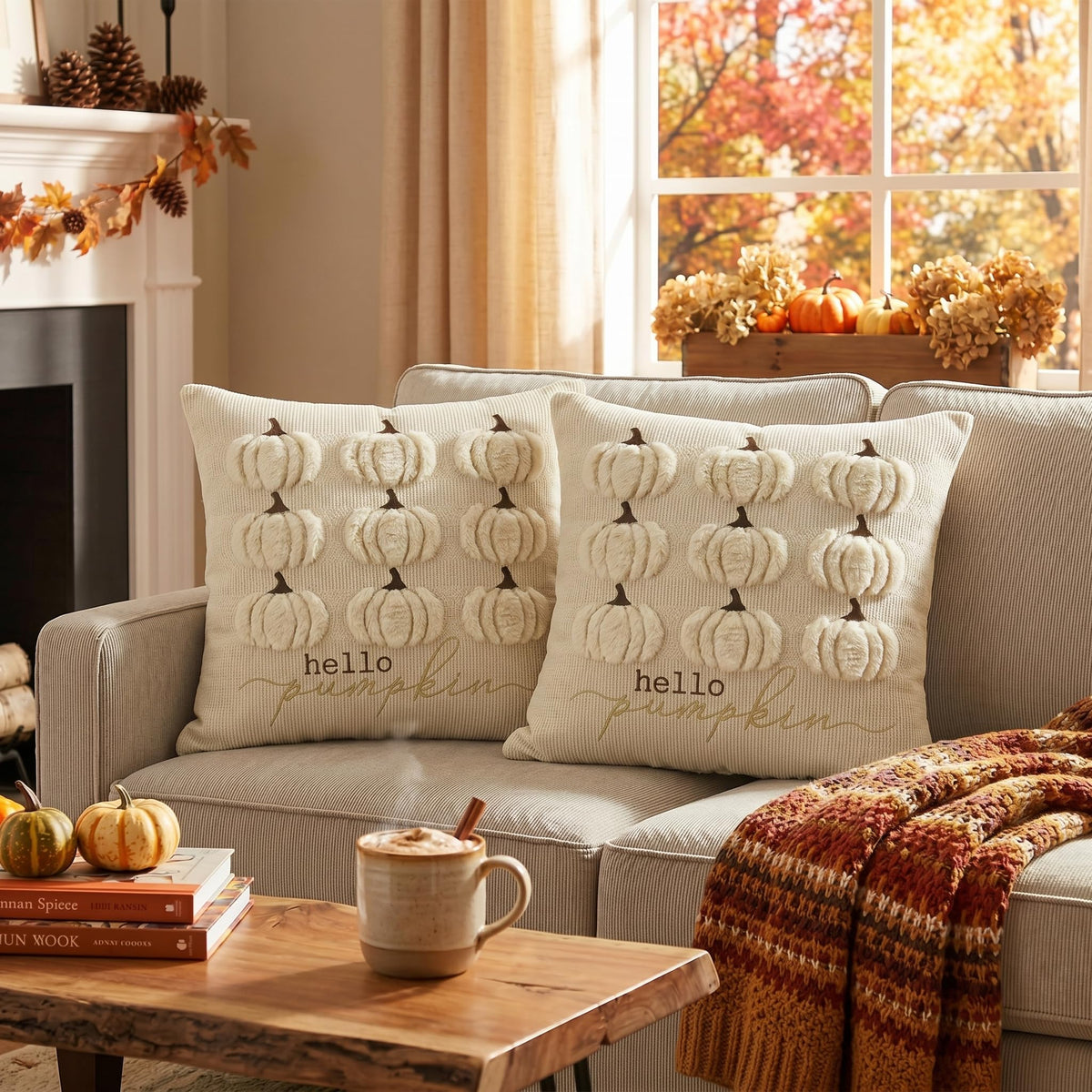 AVOIN colorlife Beige Hello Pumpkin Fall Embroidery Throw Pillow Covers, 18 x 18 Inch Autumn Harvest Thanksgiving Soft Plush Faux Fur Jacquard Cushion Case Decoration for Sofa Couch Set of 2
