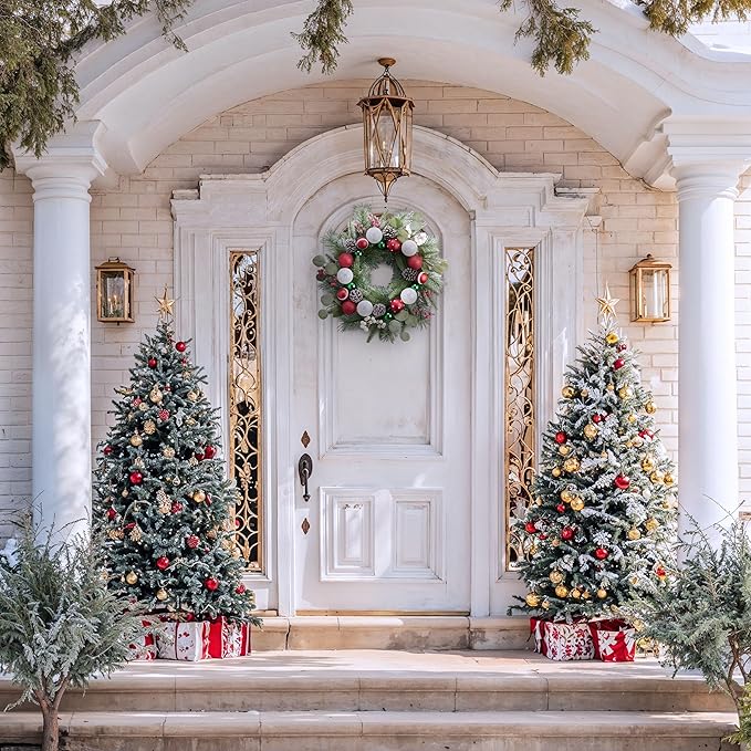 Valery Madelyn 20'' Pre-Lit Christmas Wreath for Front Door with Light, Lighted Christmas Door Wreath with Red Green White Xmas Ball Norfolk Pine Branch for Home Porch Fireplace Window Holiday Decor