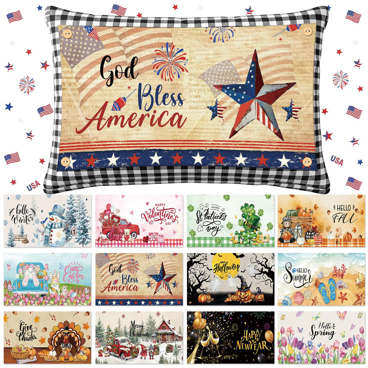 Chicplaid 4th of July Throw Pillow Cover Set 12 x 20 Inch Rectangle Seasonal Holiday Plaid Pillowcase with 12 Interchangeable Pillow Panels Patriotic Lumbar Cushion Cover for Home Decor(Classic)