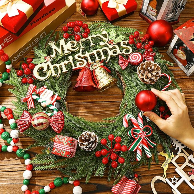 Zeyune Christmas DIY Green Wreath 14 Inch Artificial Christmas Wreaths Faux Plain Wreaths for Decorating Front Door Window Room Farmhouse Xmas Party Indoor Outdoor(Norfolk Pine,8 Pcs)
