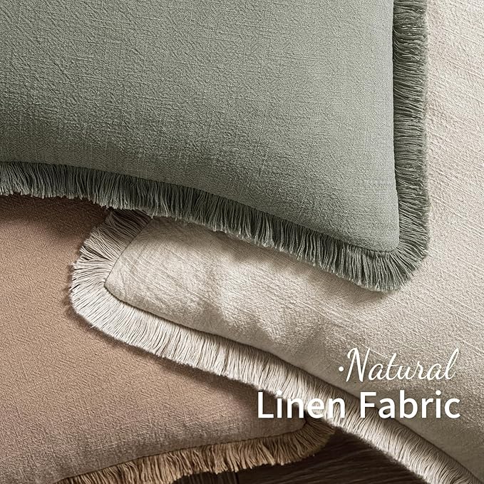 MIULEE Christmas Decorative Throw Pillow Covers Neutral Linen Fringe Throw Pillows Set of 2 Natural Beige Boho Farmhouse Cushion Covers with Tassels for Couch Sofa Bed Living Room Decor 16x16 Inch