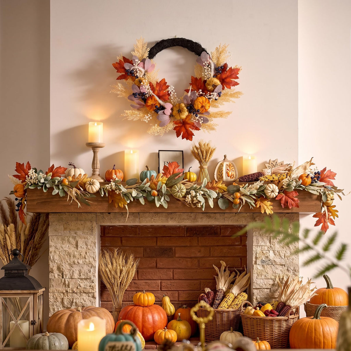 Valery Madelyn 24" Collapsible Pumpkin Wreaths for Front Door,Fall Wreath with LED Lights Artificial Maple Leaves Pampas Grass for Autumn Decor,Harvest Decorations for Home Wall Thanksgiving Decor