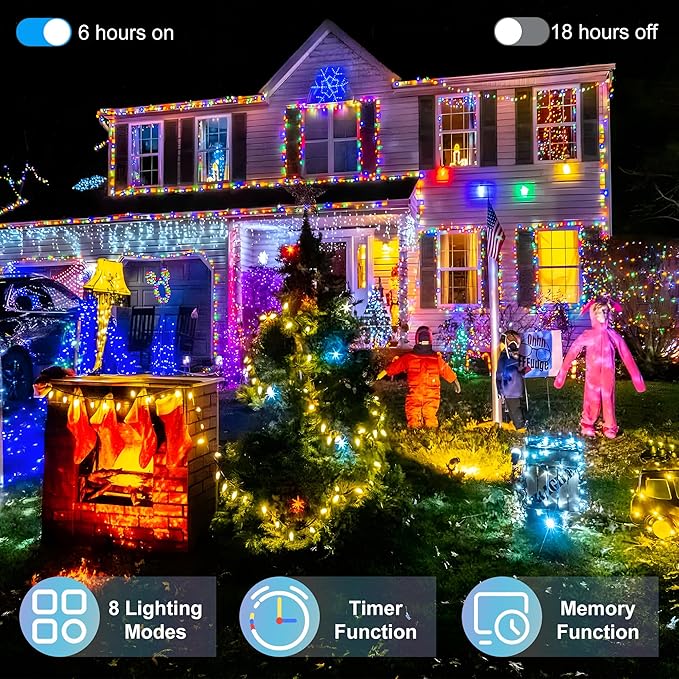 300LED Christmas Lights Indoor Outdoor Use Green Wire, 8 Lighting Modes 100FT Christmas Tree Lights with Timer & Memory, IP44 Waterproof for Tree Xmas Patio Yard Fence Balcony Garden Decor Multicolor