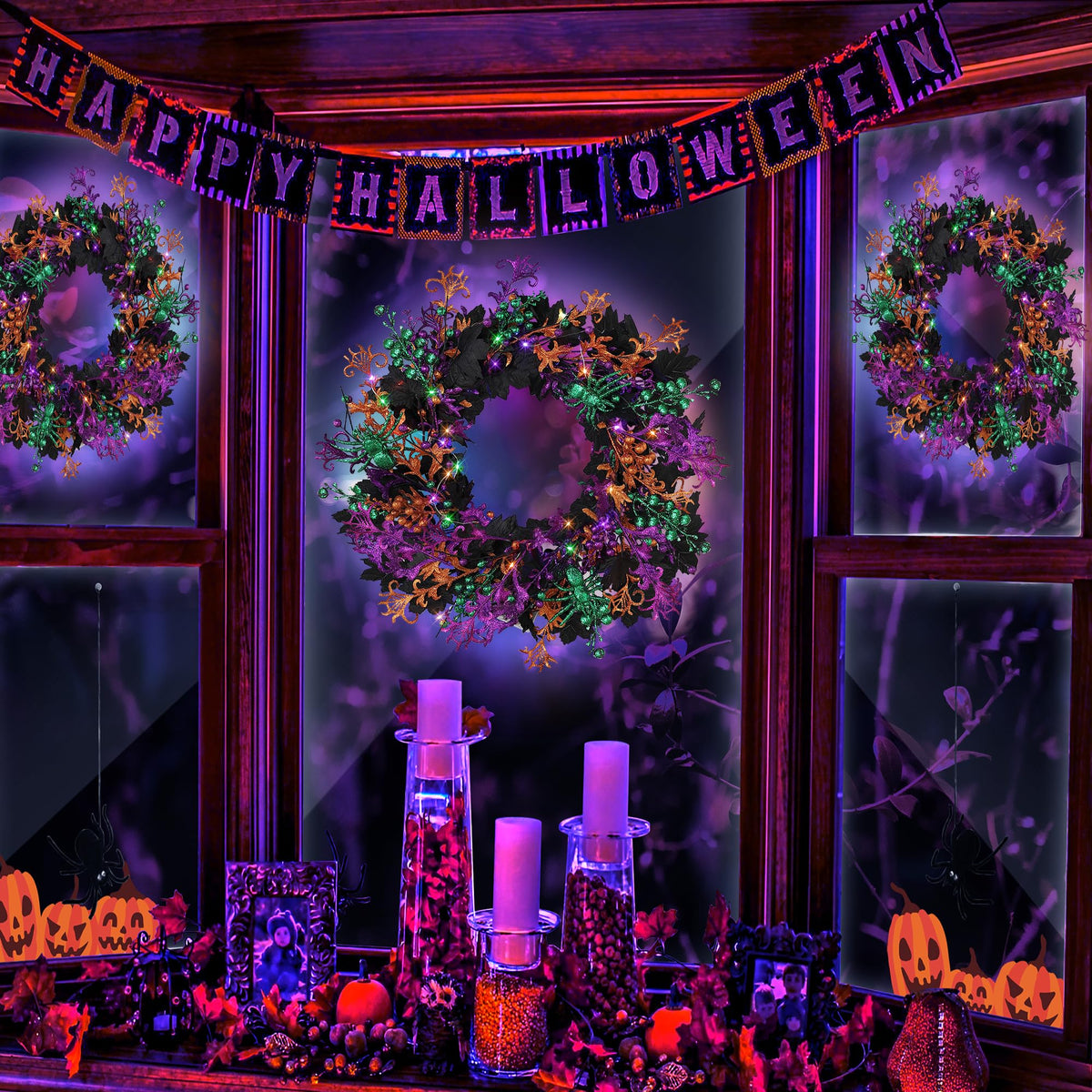 Enhon 16 Inch Halloween Wreath for Front Door with 40 LED Lights, Multicolor Halloween Door Wreath Decorations for Home Porch Table Centerpiece Window Party Holiday Wall Decor(Maple Leaf Style)