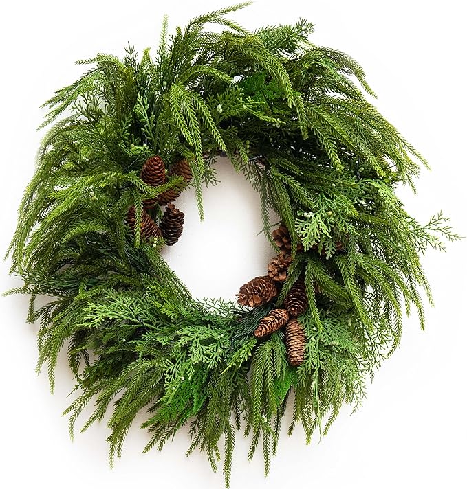 24 Inch Real Touch Norfolk Pine Wreaths for Front Door, Soomeir Artificial Christmas Wreath Green Faux Pine Wreath for Wall Windows Mantle Outdoor Christmas Decoration
