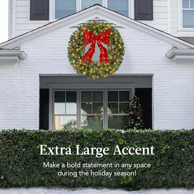 Best Choice Products 48in Pre-Lit Christmas Wreath w/Berries & Pinecones, Large Artificial Indoor/Outdoor Decor for Door, Mantel w/Red Bow, Plug-in