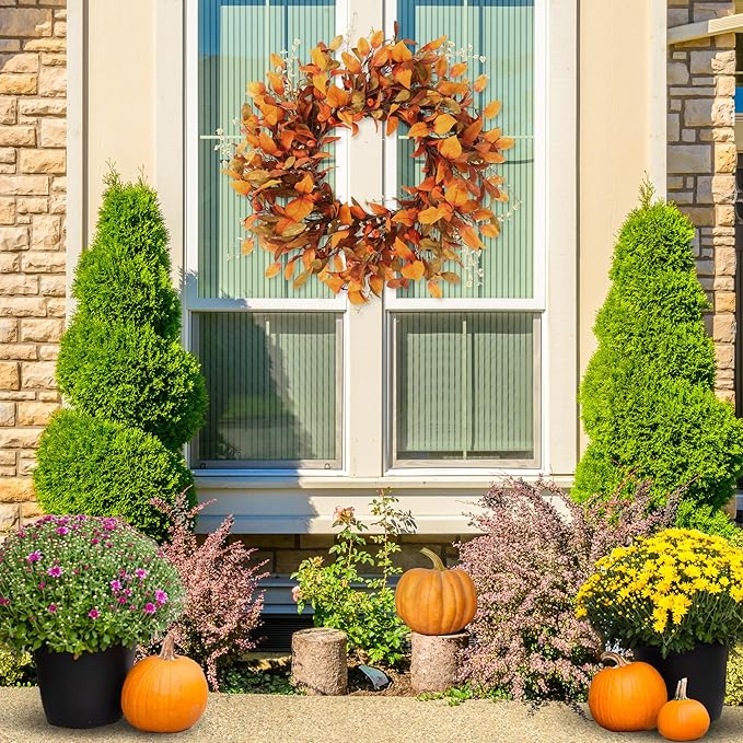 Sggvecsy Artificial Fall Wreath 21’’ Autumn Front Door Wreath with Fall Leaves Small Pumpkins Cluster of Berries for Outside Indoor Wall Window Festival Thanksgiving Fall Harvest Autumn Decor