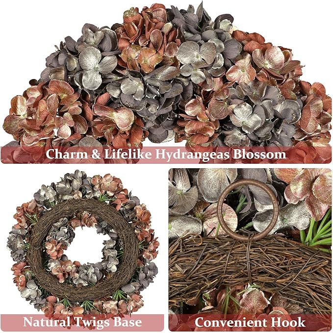 Fall Wreaths for Front Door, 24 inch Fall Hydrangea Wreaths for Front Door Outside Large Artificial Autumn Floral Wreath for Thanksgiving Harvest Christmas Wall Mantel Porch Indoor Outdoor Decor