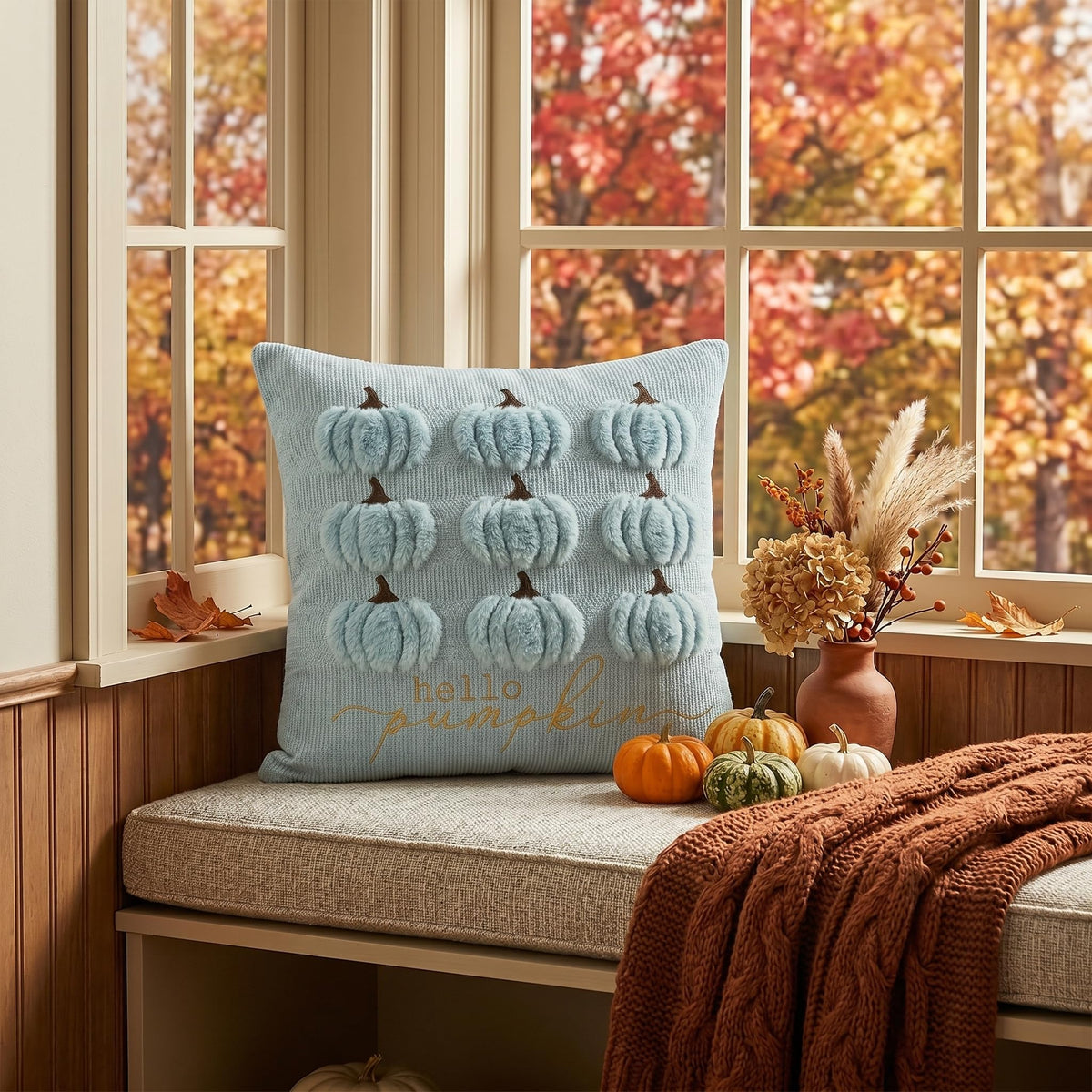 AVOIN colorlife Blue Hello Pumpkin Fall Embroidery Throw Pillow Covers, 18 x 18 Inch Autumn Harvest Thanksgiving Soft Plush Faux Fur Jacquard Cushion Case Decoration for Sofa Couch Set of 2