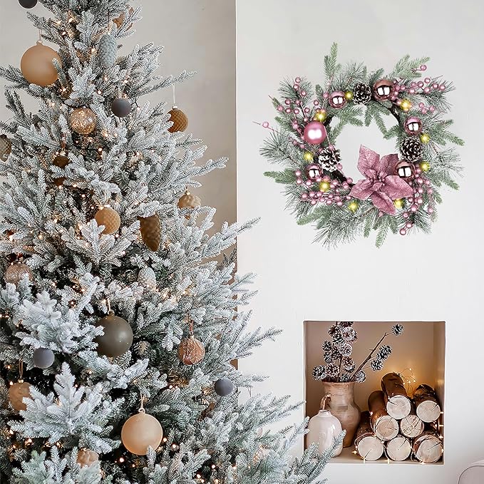 20" Christmas Wreaths for Front Door, Artificial Christmas Wreath Decoration with Lights, Winter Wreaths with Pine Cones,Bow,Balls Ornaments for Indoor Outdoor Home Decor (Pink)