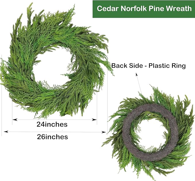 26" Cedar Norfolk Pine Wreath Realistic Christmas Door Wreath for Windows Porches Walls Indoor Outdoor Christmas Decorations Home Decor