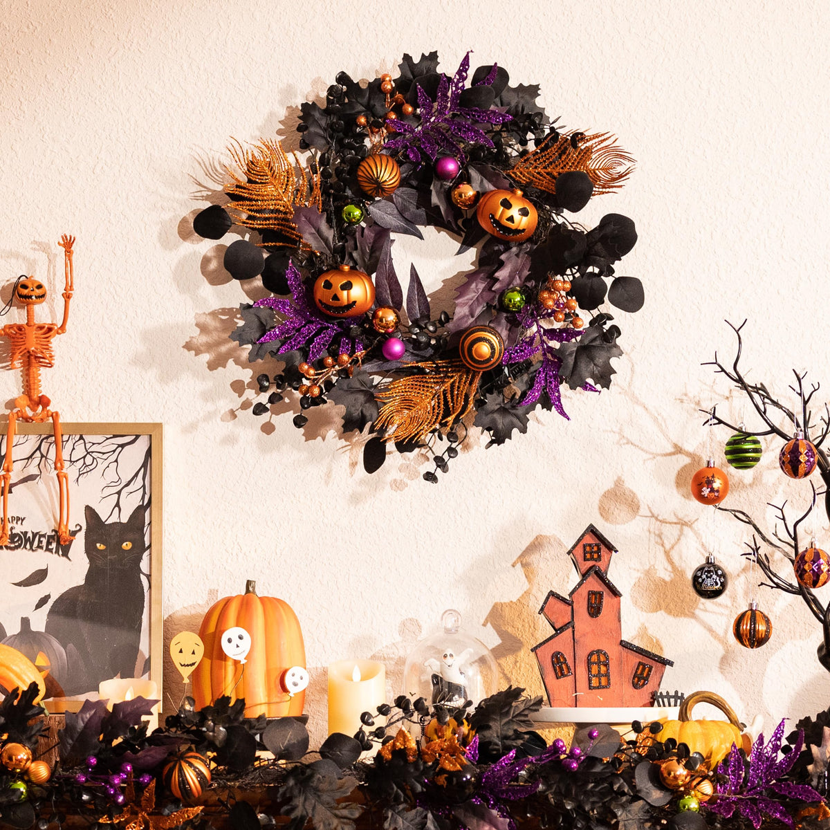 Valery Madelyn Halloween Wreath for Front Door with Lights, 18 Inch Pre-Lit Jack-o'-Lantern Pumpkin Wreath Halloween Decorations for Home Porch Table Centerpiece Window Indoor Party Holiday Wall Decor