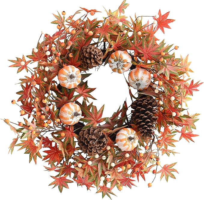 Fall Wreath for Front Door Fall Pumpkins Pinecone Wreaths 24 Inch Berry Artificial Maples Leaves Wreath for Halloween Thanksgivings Christmas Decoration Indoor Outdoor Window Hanging Decor