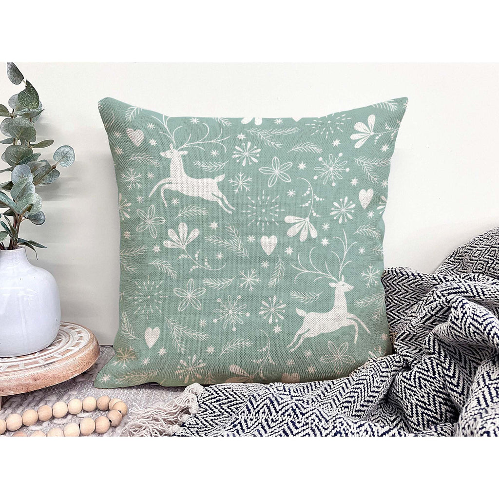 Jiaopenyou Throw Pillow Cover 20x20 Inch,Happy Christmas Tree Antlers Winter Snowflakes Throw Pillow Case,Home Decor Cushion Covers for Sofa Living Room Couch Bed