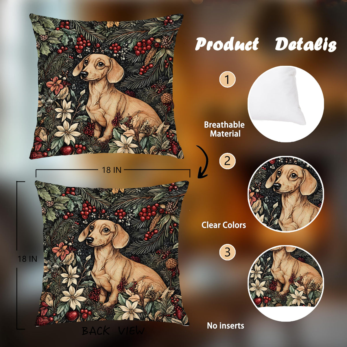 BUJSP Vintage Dachshund Christmas Pillow Cover 18x18,Rustic William Morris Inspired Dachshund Dog Christmas Animal Floral Botanical Print Decorative Throw Pillow Covers for Home Bedroom Living Room