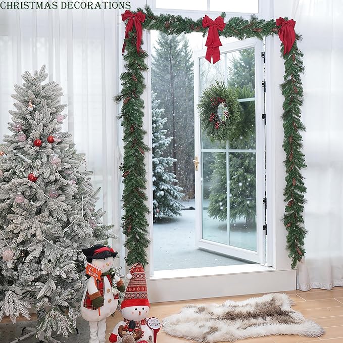 24" Artificial Christmas Wreath -Real Touch Norfolk Pine Wreath for Door,Wall,Windows,Indoor Outdoor -Christmas Wreaths for Front Door-Christmas Decorations-Holiday Decor-Free Battery LED Lights