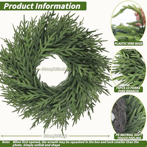 26 inch Norfolk Pine Wreath, Realistic Christmas Wreath for Front Door,Artificial Real Touch Green Wreath Greenery for Door Wall Windows Mantle Outdoor Christmas Decoration