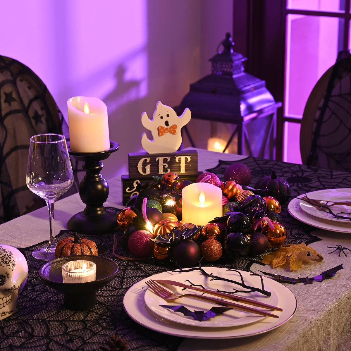 Valery Madelyn Halloween Decorations Indoor for Home, Pre-Lit Pumpkin Ball Wreath with 60ct Shatterproof Treat-or-Trick Ornaments for Centerpiece Wall Front Door, 20 Inch