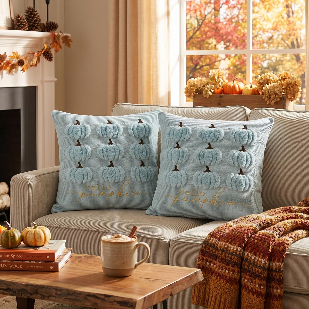 AVOIN colorlife Blue Hello Pumpkin Fall Embroidery Throw Pillow Covers, 18 x 18 Inch Autumn Harvest Thanksgiving Soft Plush Faux Fur Jacquard Cushion Case Decoration for Sofa Couch Set of 2